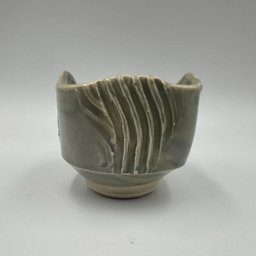 Cheryl Signed‎ Studio Pottery Sage Green Carved Organic Bowl Numbered 2651
